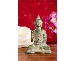 Buddha Kanakamuni Sandstein/messing mit grün Finish